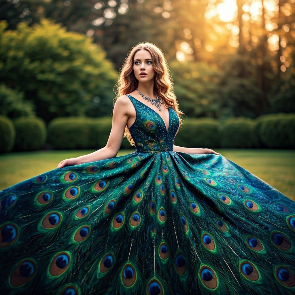Woman in Stunning Peacock-Inspired Gown under Morning Light
