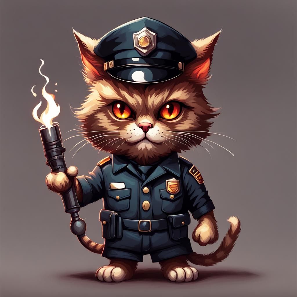 Sinister Cat Cop with Torch, Fantasy Art