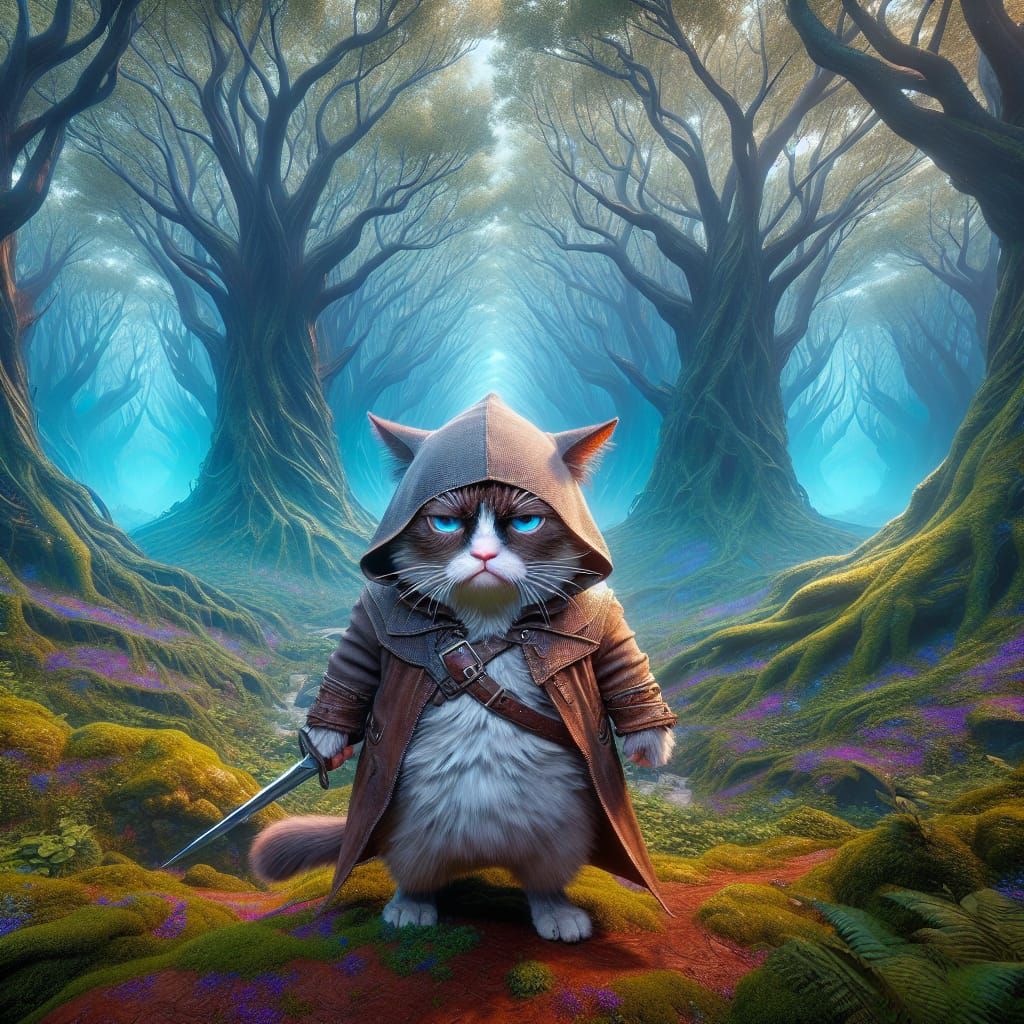 Grumpy Hooded Cat Warrior in Fantasy Forest