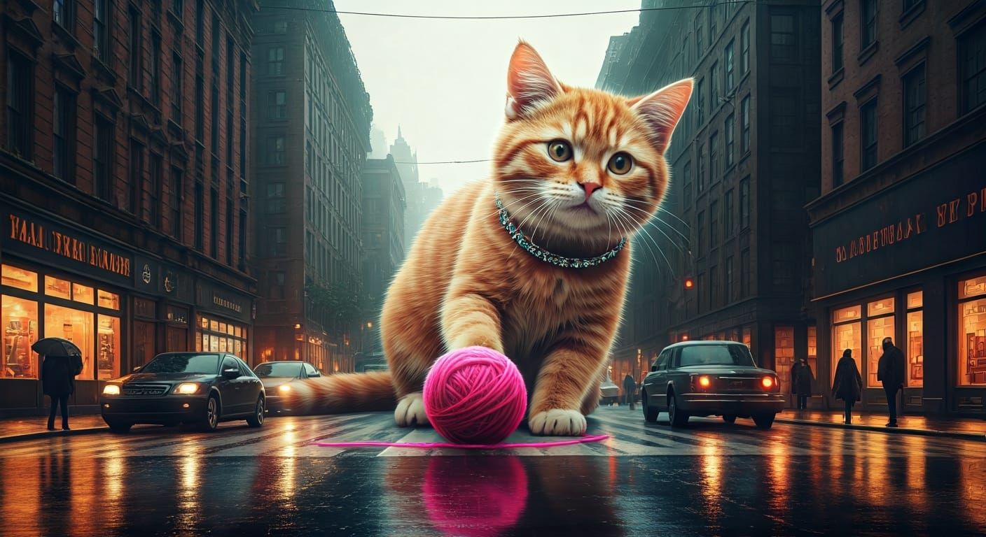 Giant Ginger Cat Plays in Rainy City