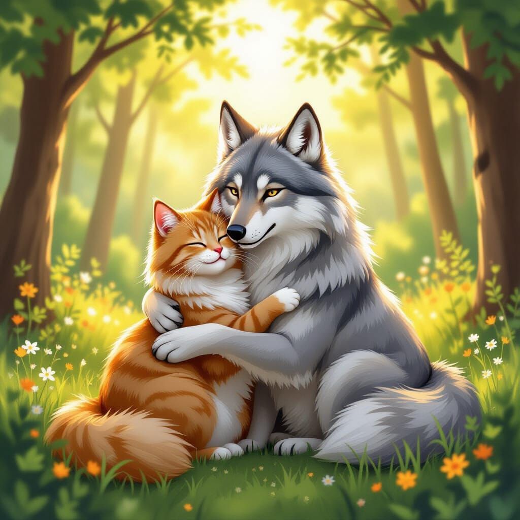 Cat and Wolf Embrace in Sunlit Forest Clearing