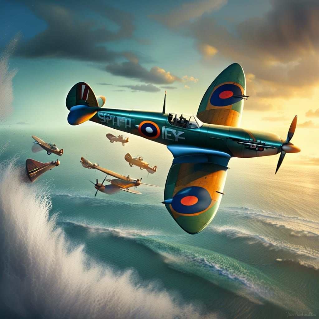 Dramatic Spitfire Dogfight Over Ocean: 3D Digital Art