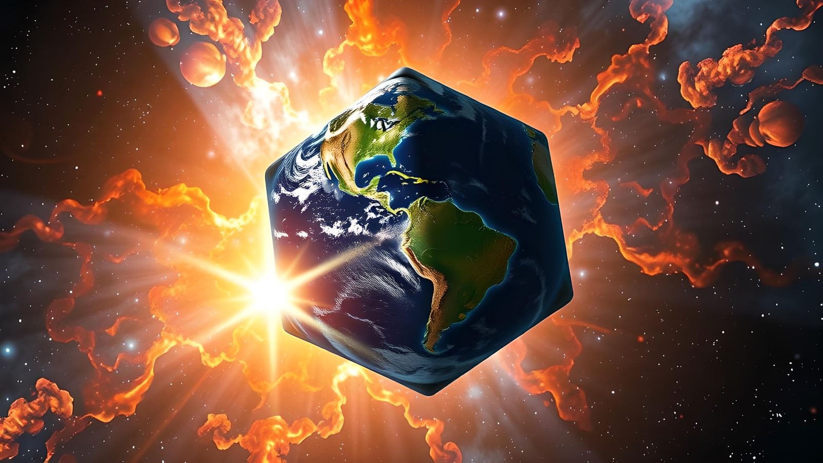 Hyperrealistic Earth Cube in Cosmic Nebula