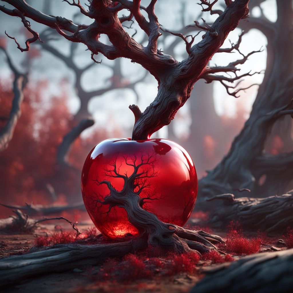 Red Glass Apple with Dead Tree: Detailed Matte Painting