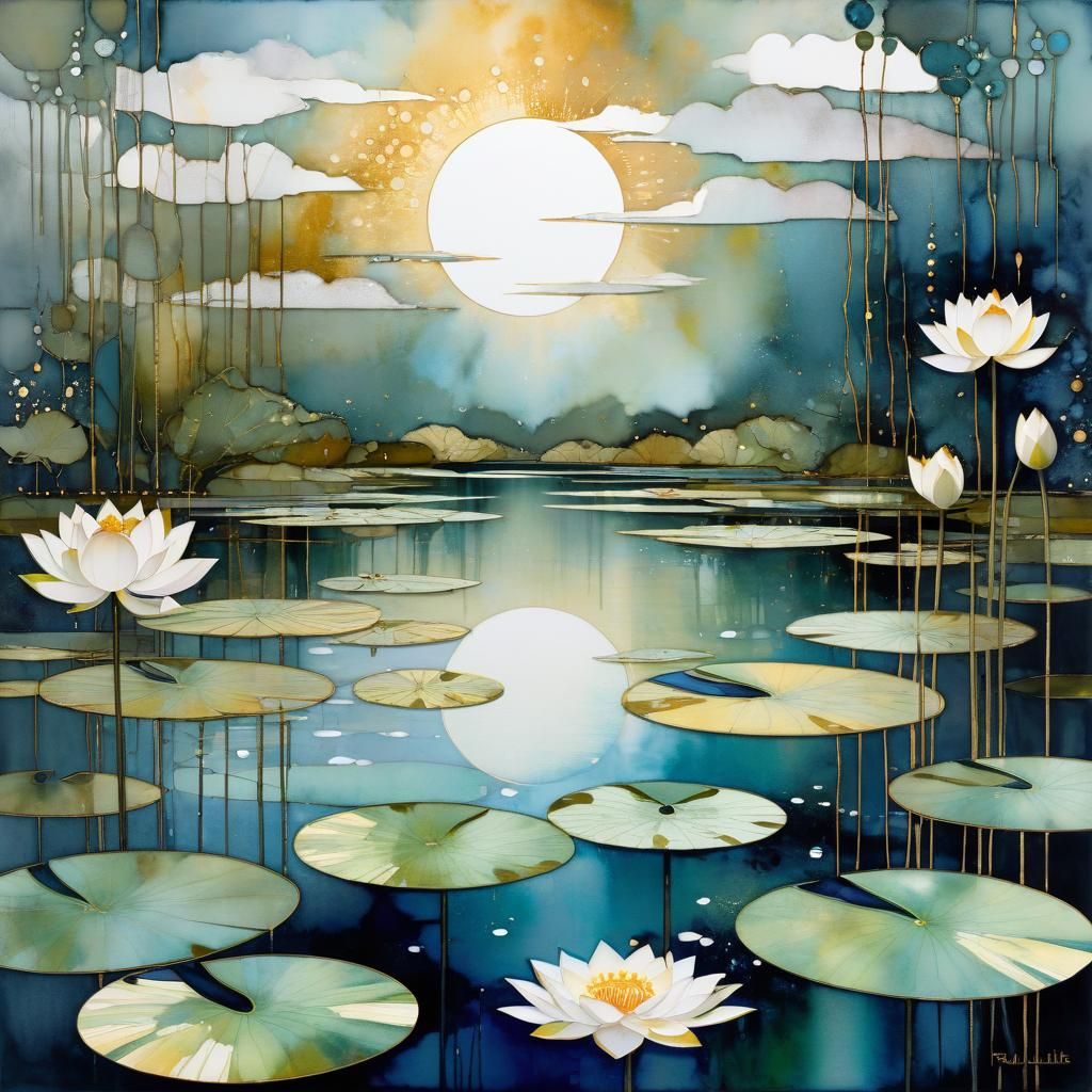 White Lotus Pond: A Surreal Alcohol Ink Dreamscape