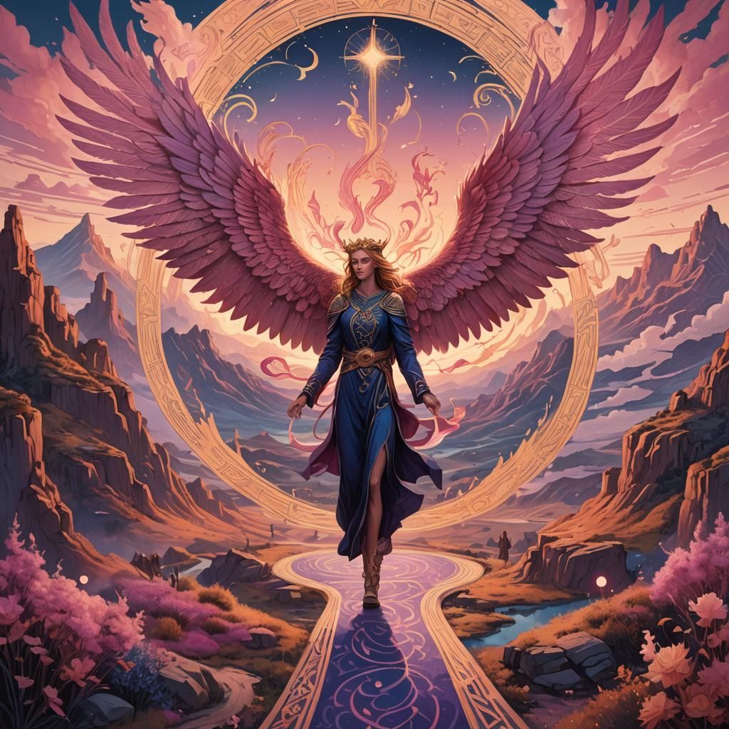 Tarot Lovers at Crossroads in Mystical Pink Landscape