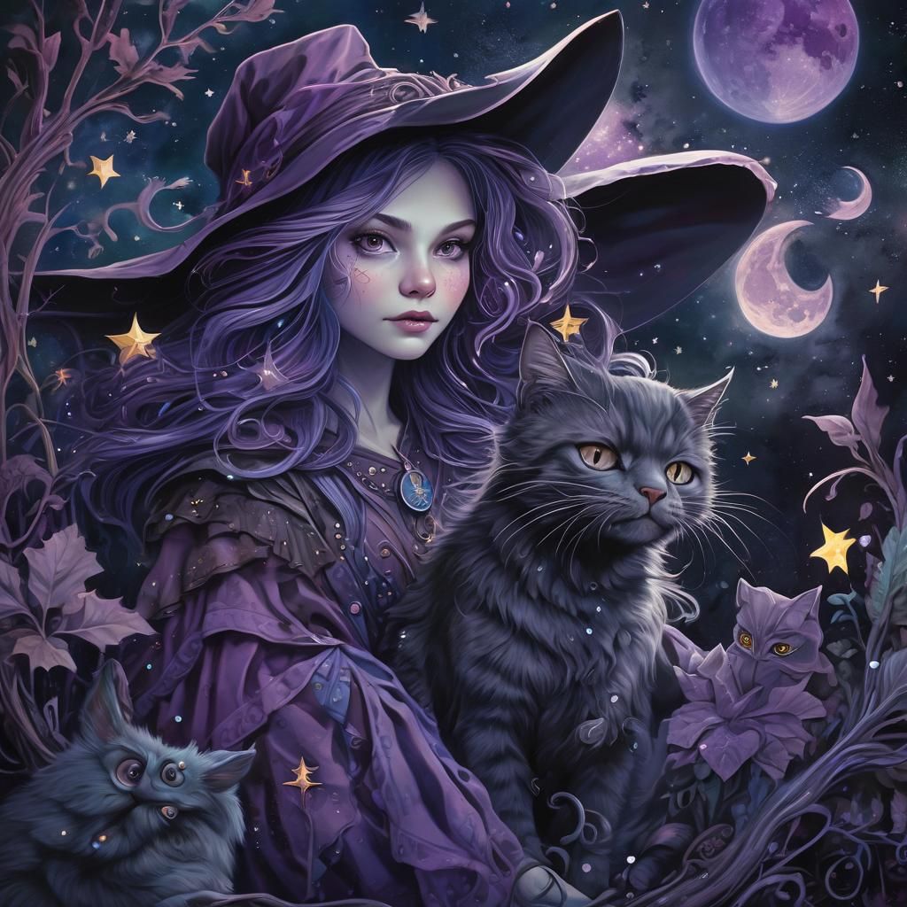 Fantasy Witch and Cat Under Galaxy Sky