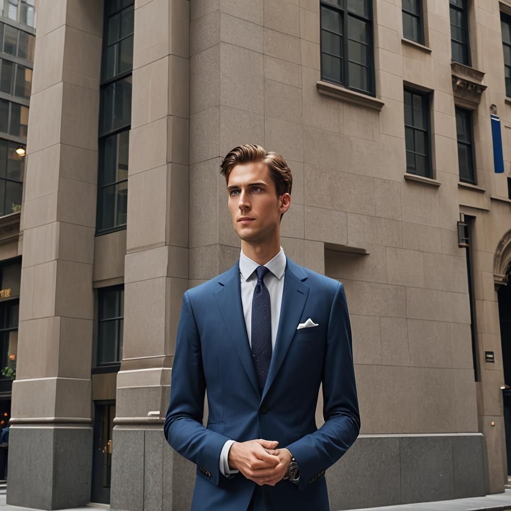 Handsome Man in Navy Suit on Wall Street