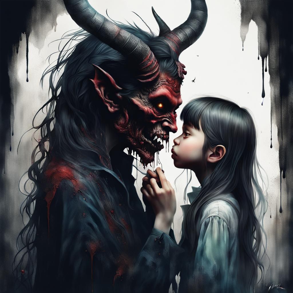 Girl Whispering Secret to Demon: Detailed Eerie Art
