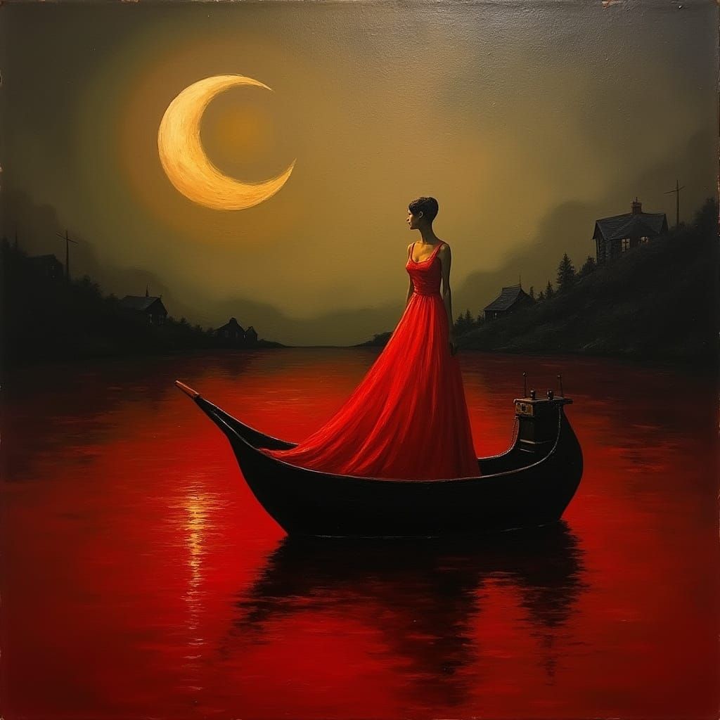 Surreal Ship on Crimson Sea Under Crescent Moon