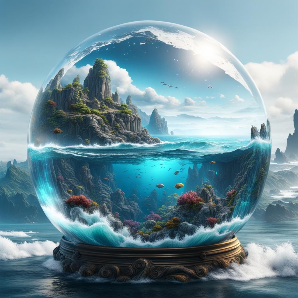 Ocean Landscape Inside Crystal Orb: Detailed Matte Painting