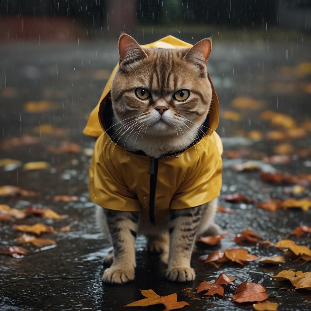 Exotic Cat in Raincoat: Film Noir Autumn Scene