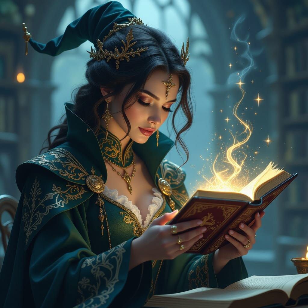 Mysterious Sorceress Touches Infinite Spellbook in Matte Pai...