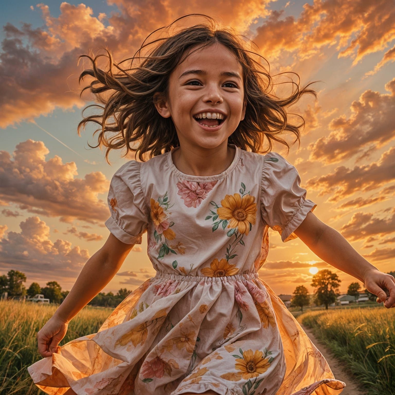 Whimsical Little Girl Running at Sunset