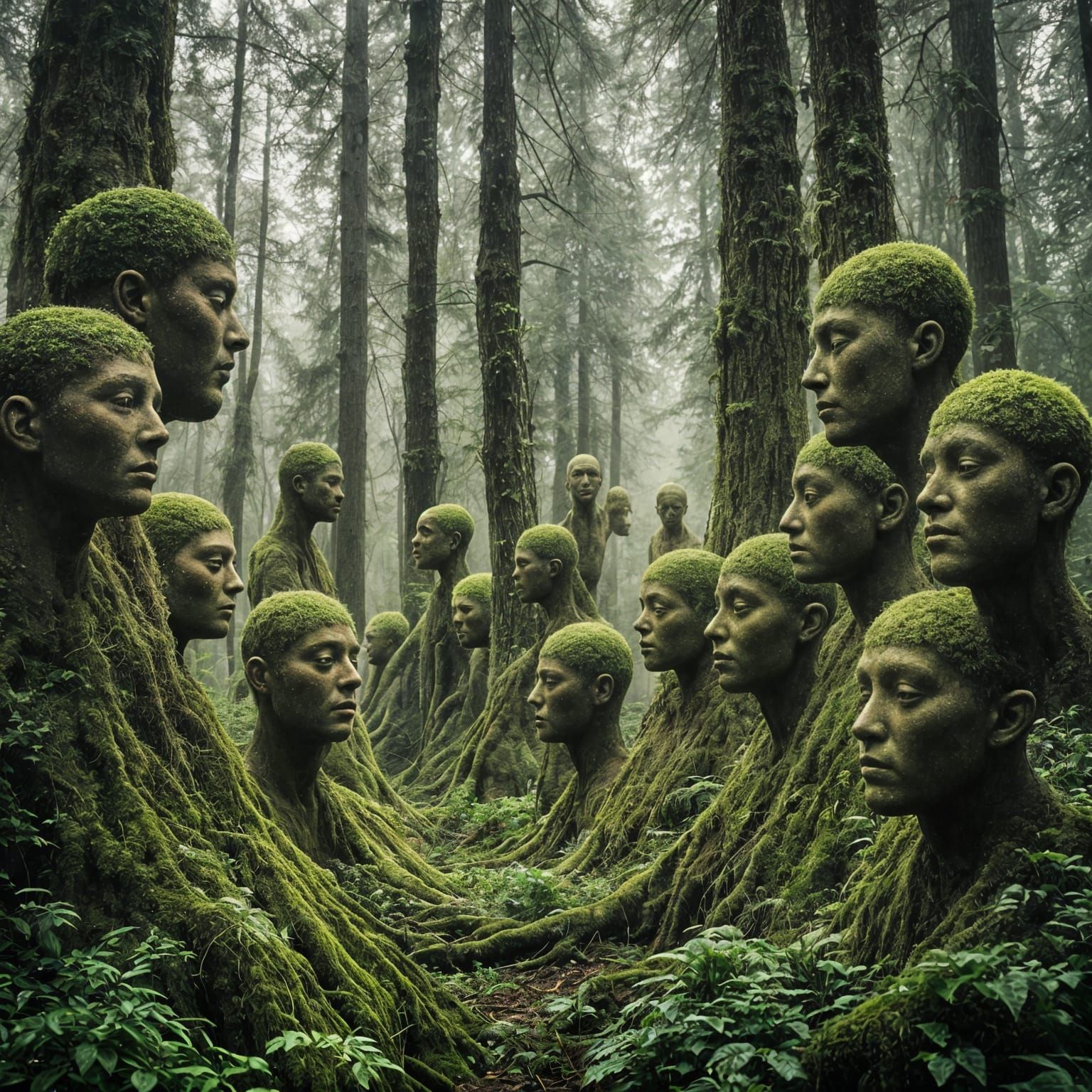 Surreal Faces Grow From Trees in Dreamlike Forest