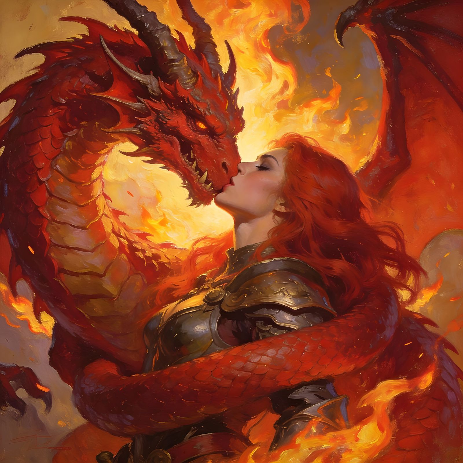 Red Dragon and Warrior Woman Embrace