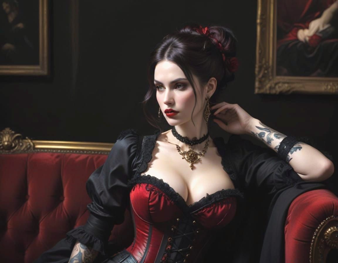 Elegant Gothic Woman in Red Corset, Oil Painting