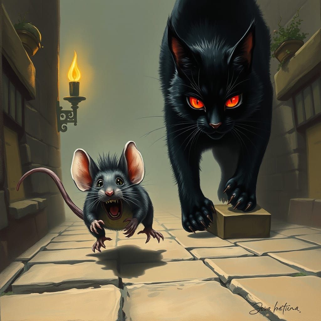 Mouse Fleeing Menacing Cat in Gothic-Inspired Illustration
