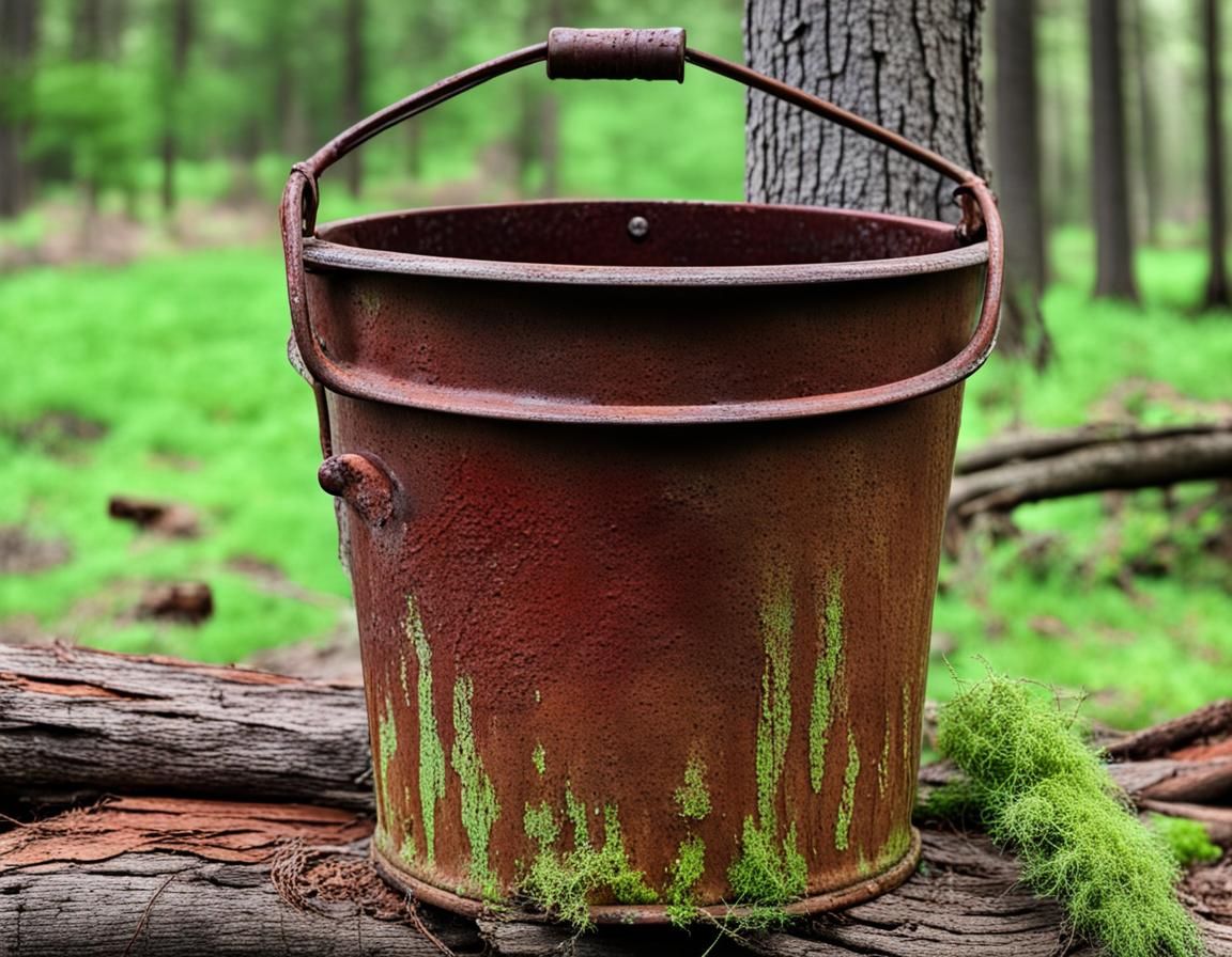 old bucket with rusty tones of brown and burgundy with peeps of green mss as it's been sittin by the wood pili in all ki...