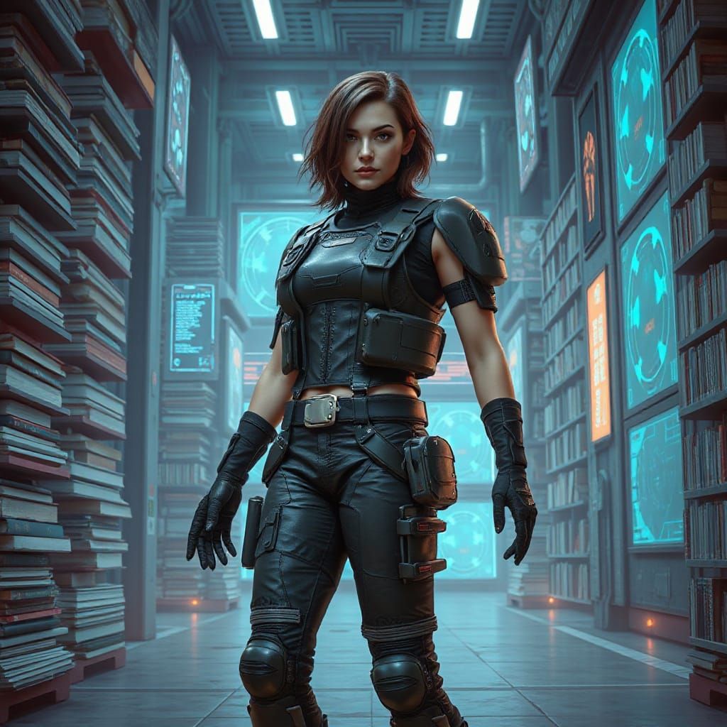 Cyberpunk Librarian Amidst Digital Artifacts