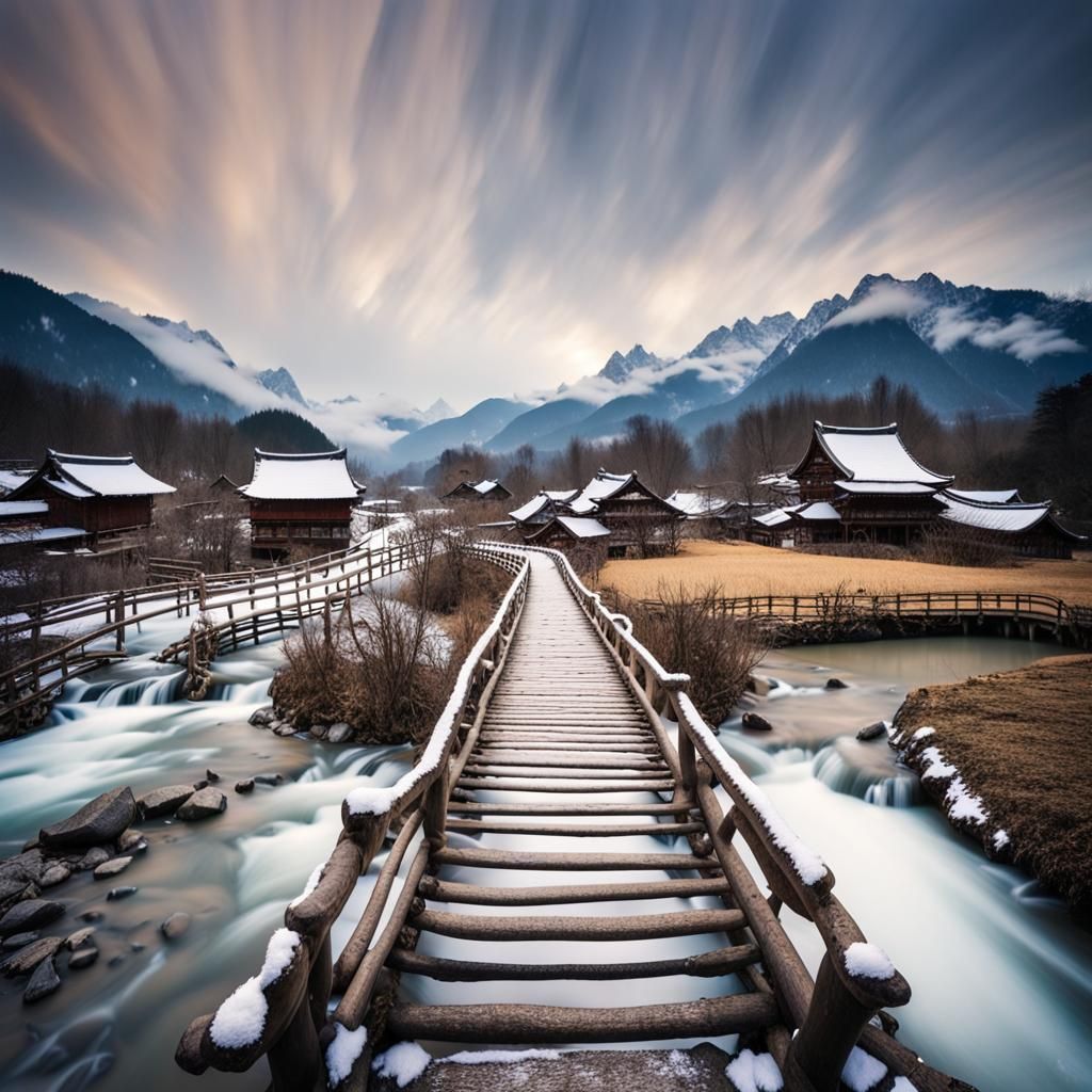 Guizhou Snow Mountains and Wooden Footbridge