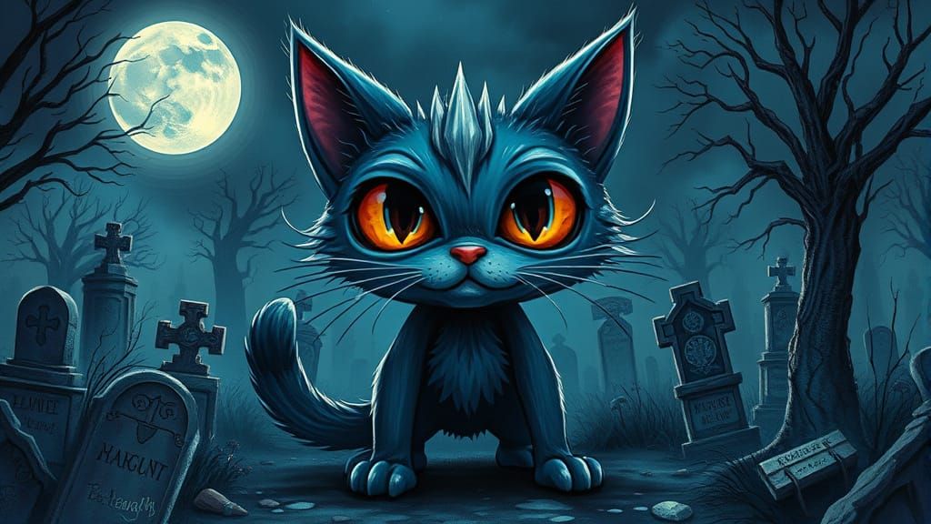 Gothic Feline Creature Emerges from Cemetery Fog