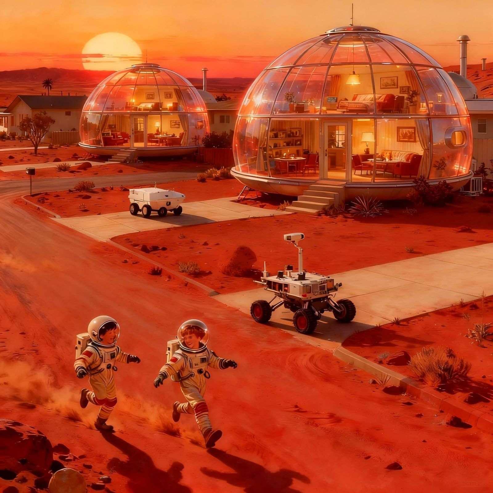 Retro Futuristic Mars Suburb with Glass Dome Homes