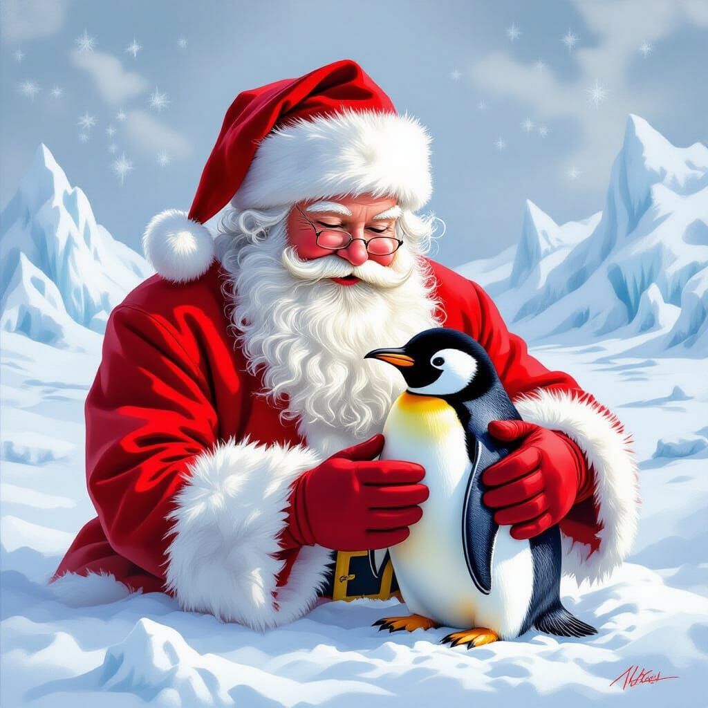 Santa Claus Pets a Penguin in a Frosty Landscape