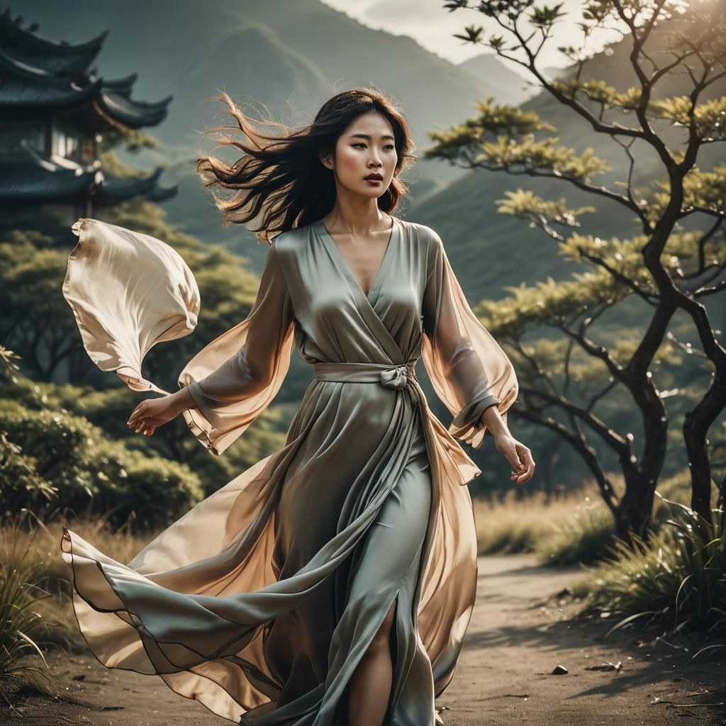 Asian Woman in Silk Dress: Cinematic Film Still