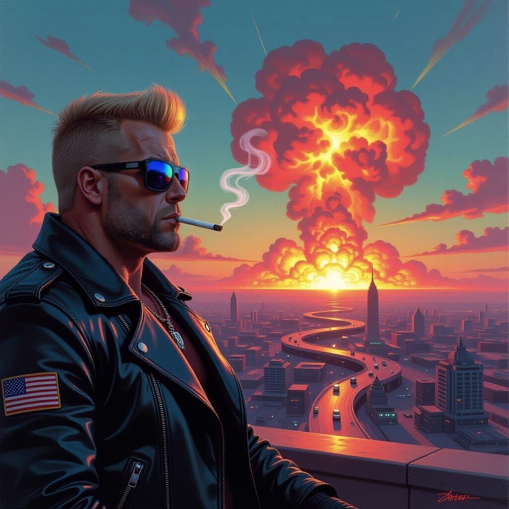 Duke Nukem and Nuclear Explosion as Oil Painting