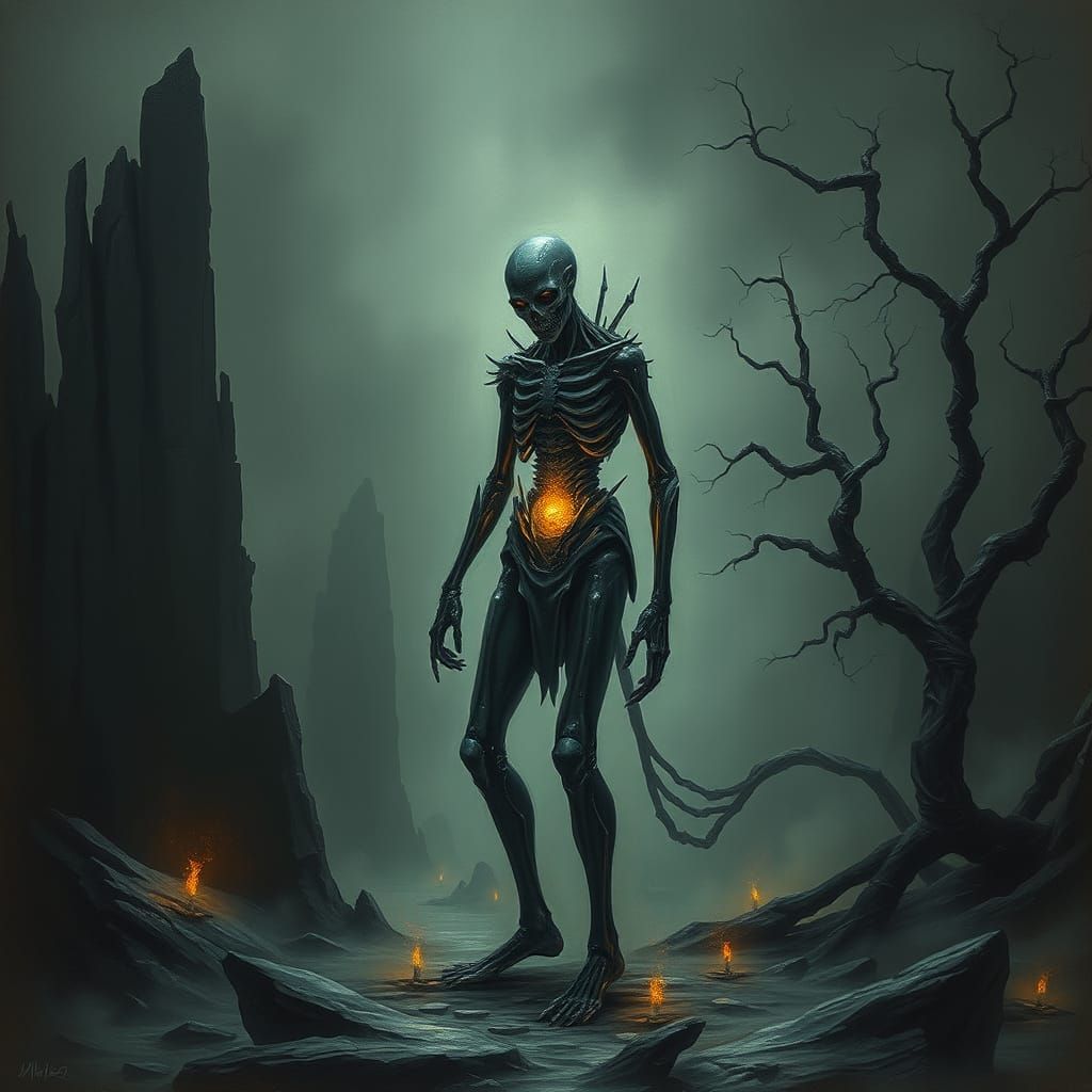 Ethereal Undead Construct in Dark, Misty Landscape