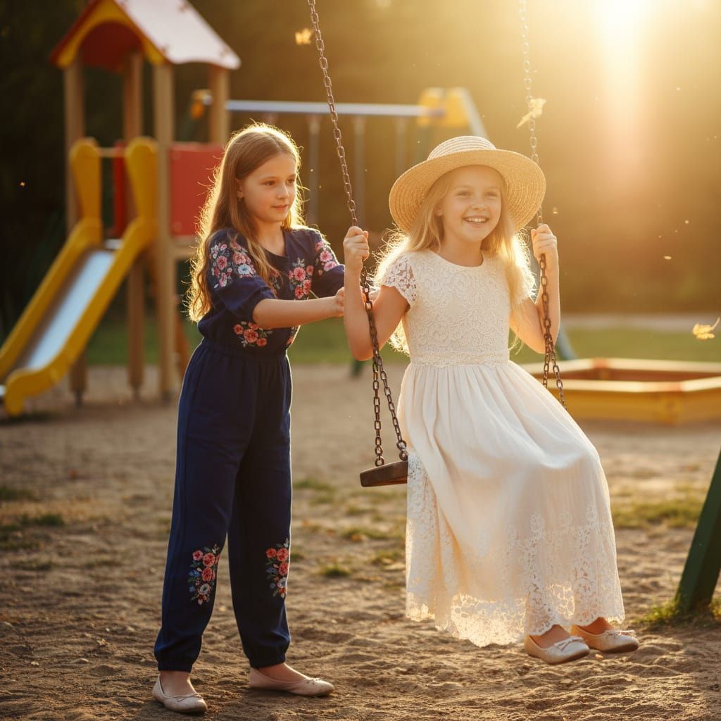 Joyful Girls Playing in Golden Hour Playground