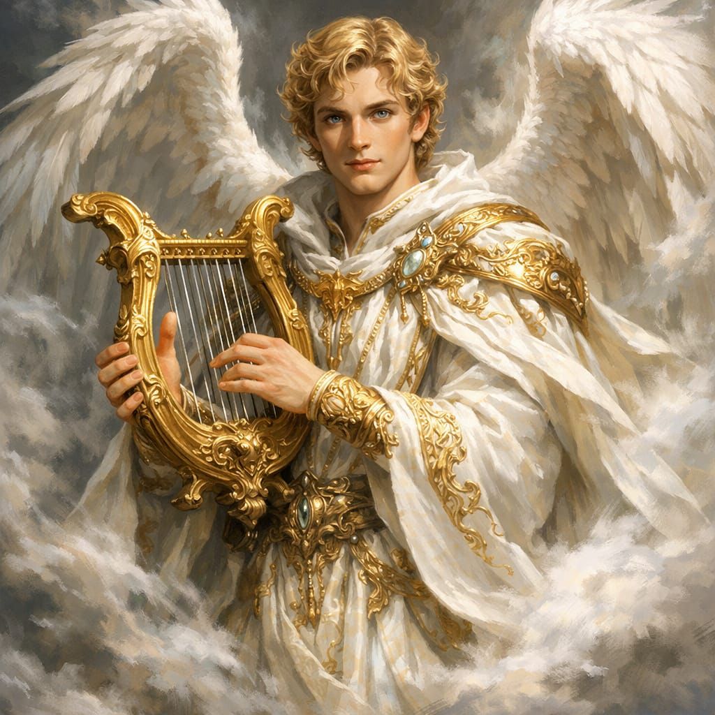 Angel Playing Lyre in Ethereal Mist Painting