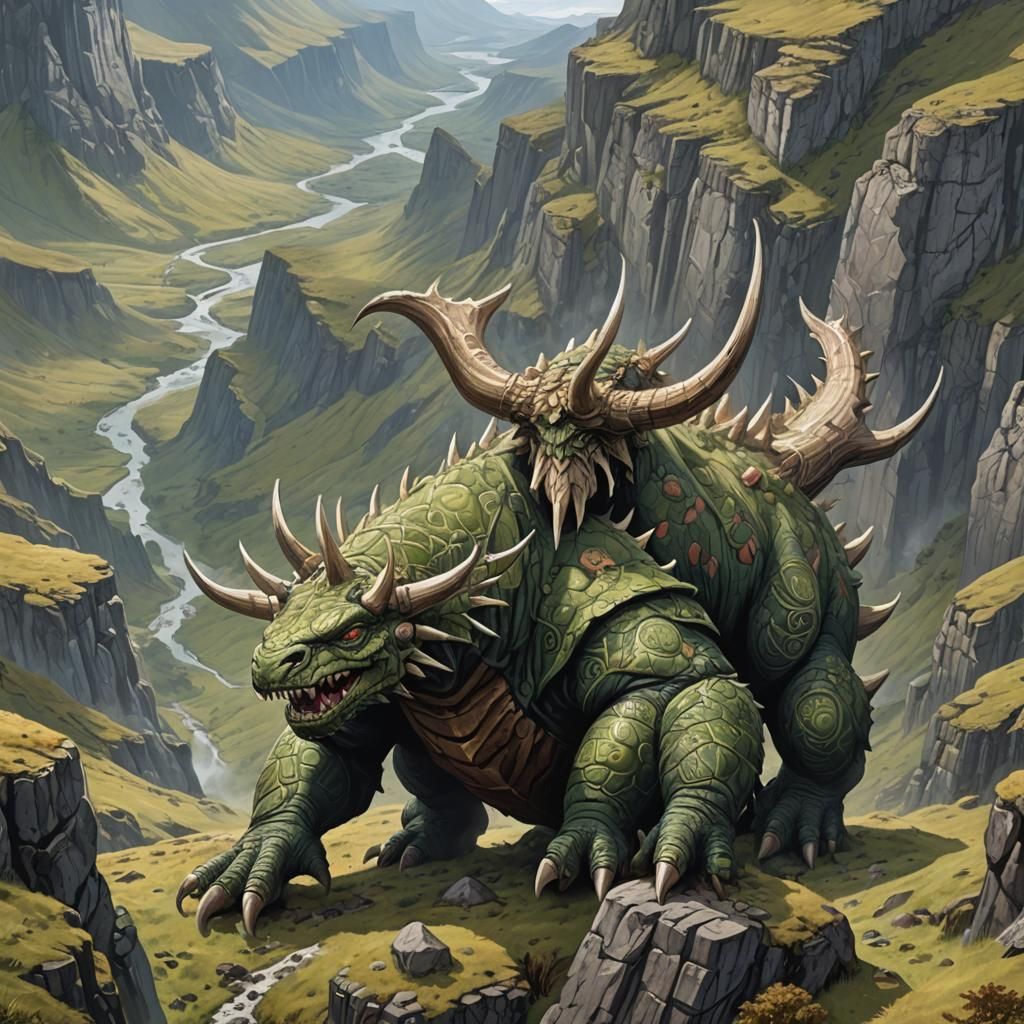 Colossal Kaiju Beast in Scottish Highlands, MTG Art