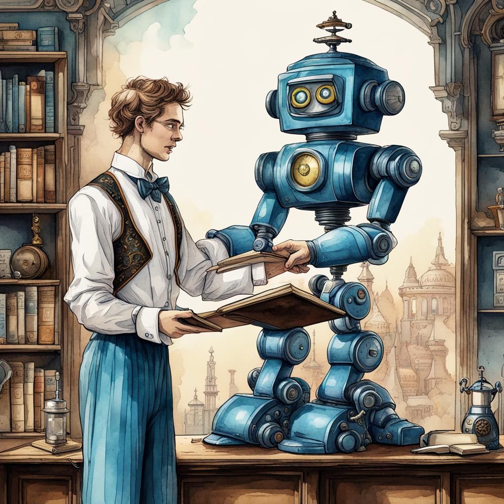 Majestic Robot Butler in Antique Watercolor Style