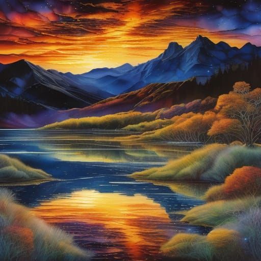 Vibrant Oil Painting of a Sunset Over a Restless Lake