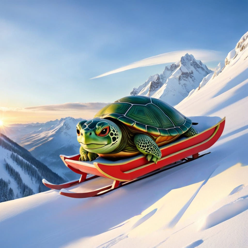 Turtle on Sledge Sliding Down Mountain at Sunrise