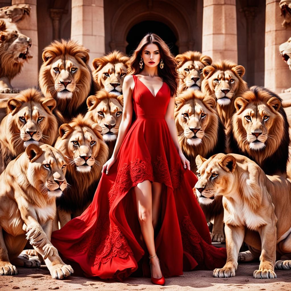 Girl in Red Dress Surrounded by Lions