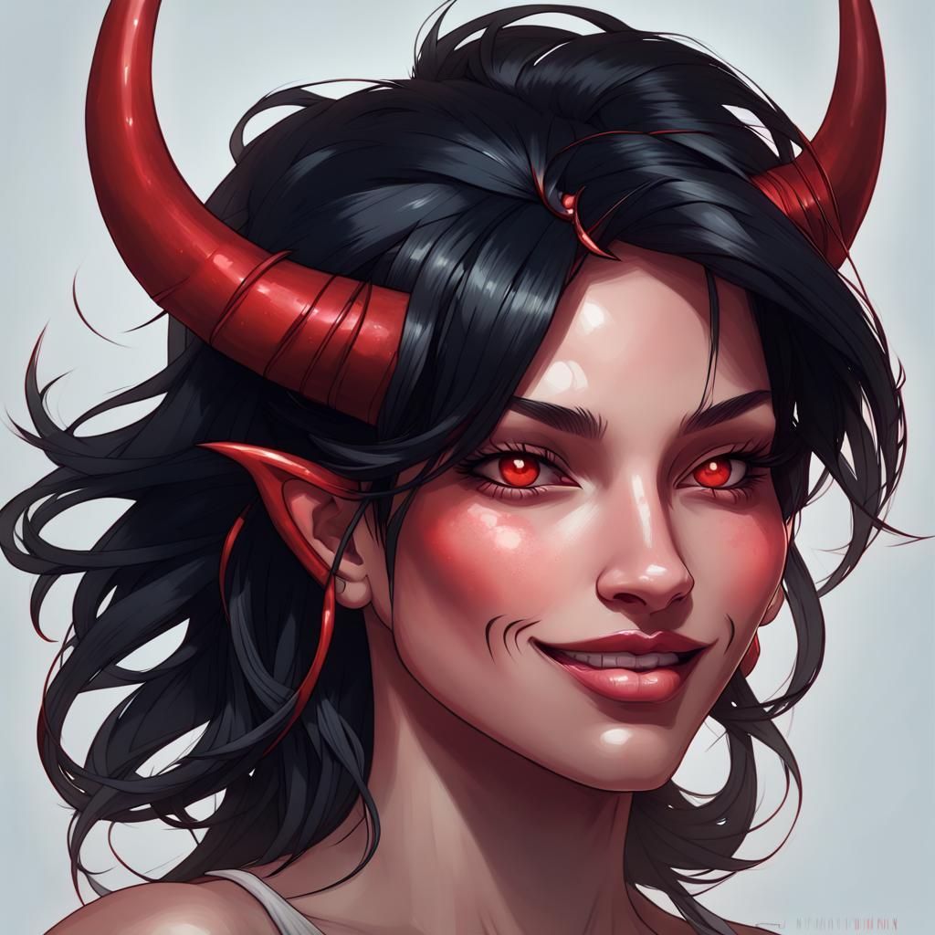 Demon Girl Portrait in Hyperdetailed Art Nouveau Style