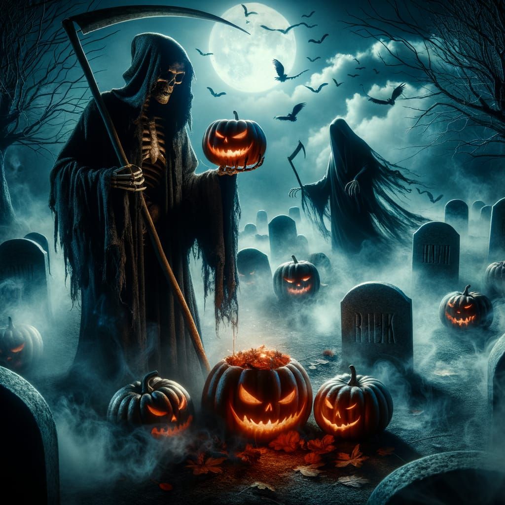 Grim Reaper's Halloween Choice in Cemetery