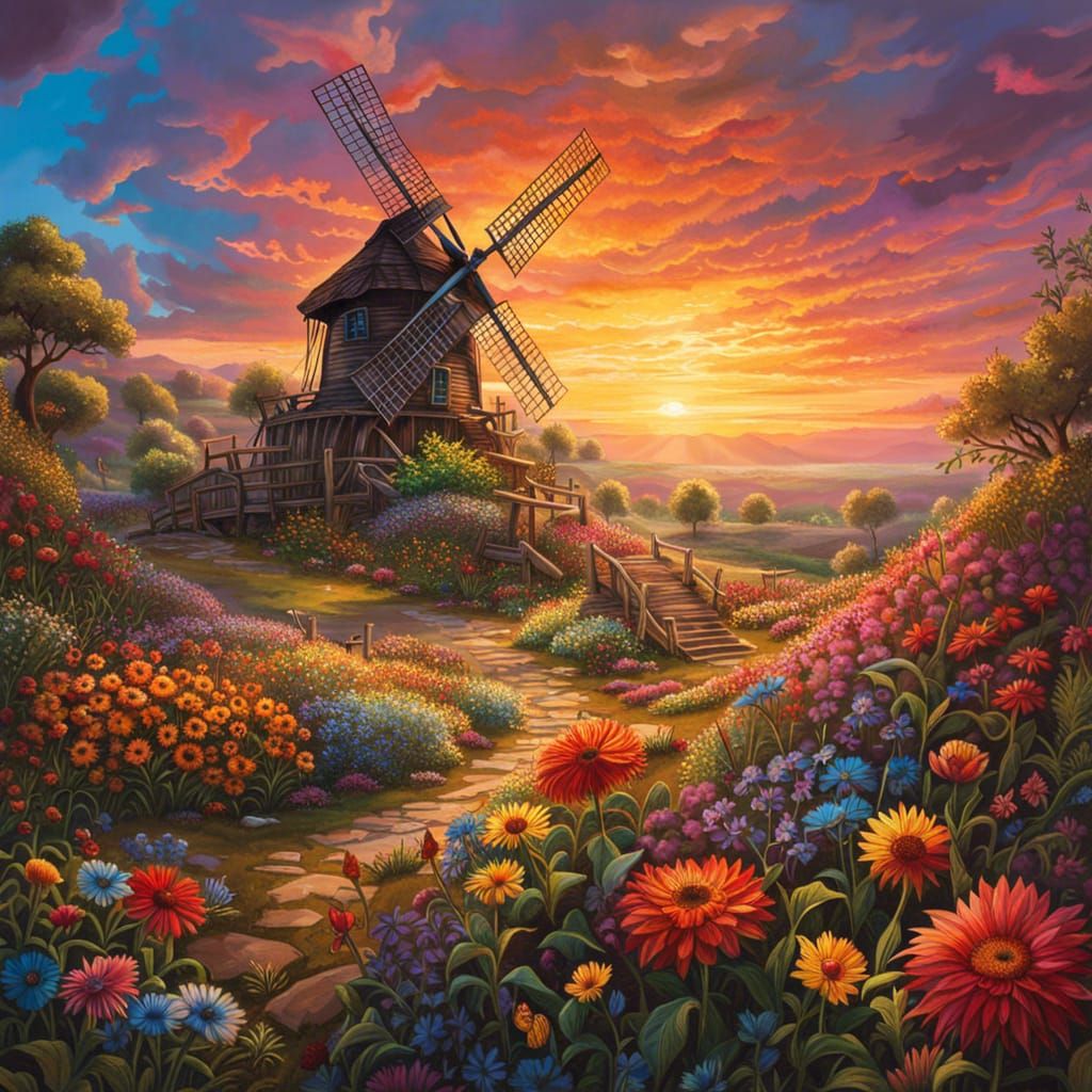 Vibrant Sunset Garden Scene with Rainbow Windmill and Wildfl...