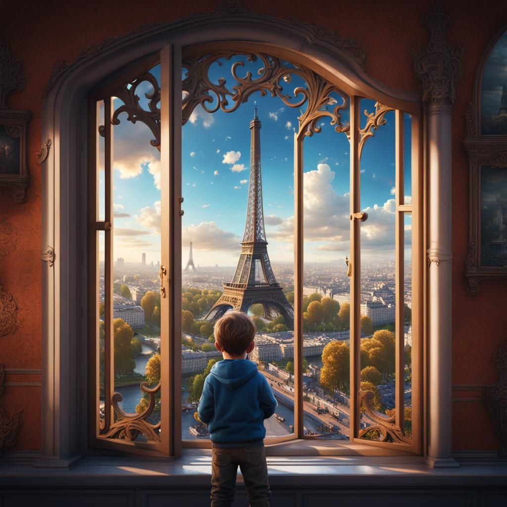 Boy Gazes at Eiffel Tower: Detailed Matte Painting
