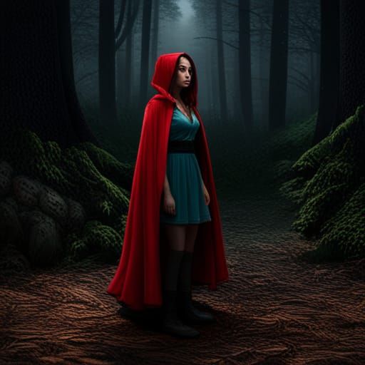 red riding hood, dramatic portrait, purple hood made of velvet texture, brown eyes, black curly hair, dark forest scene ...