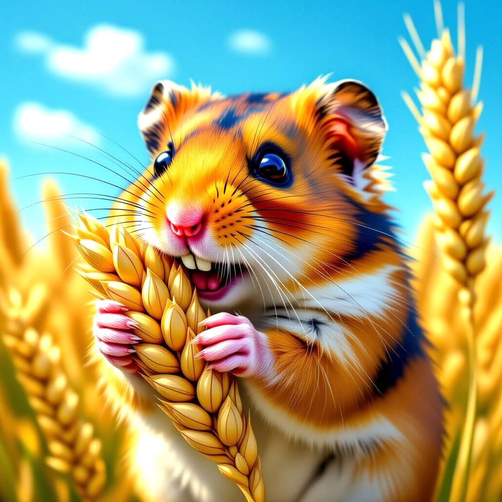 Hyperrealistic Hamster Gnawing Grain in Colorful Field