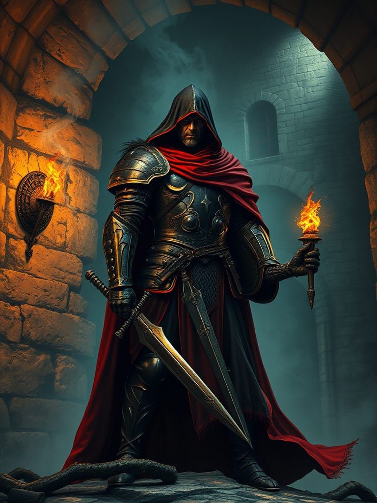 Gothic Warrior Confident in Ancient Castle