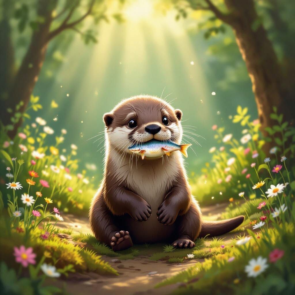 Playful Baby Otter with Fish in Sunlit Forest Clearing