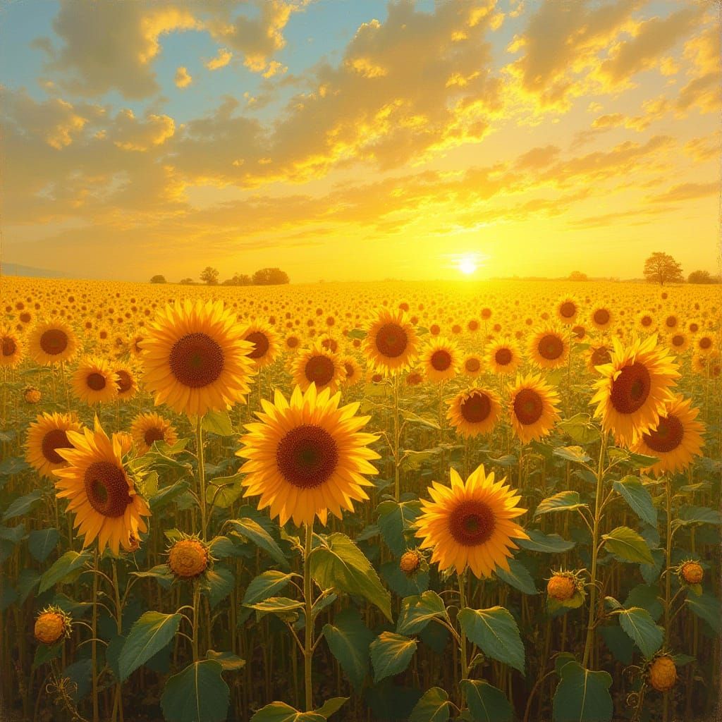 Golden Sunset Sunflowers in Dreamy Impressionist Style