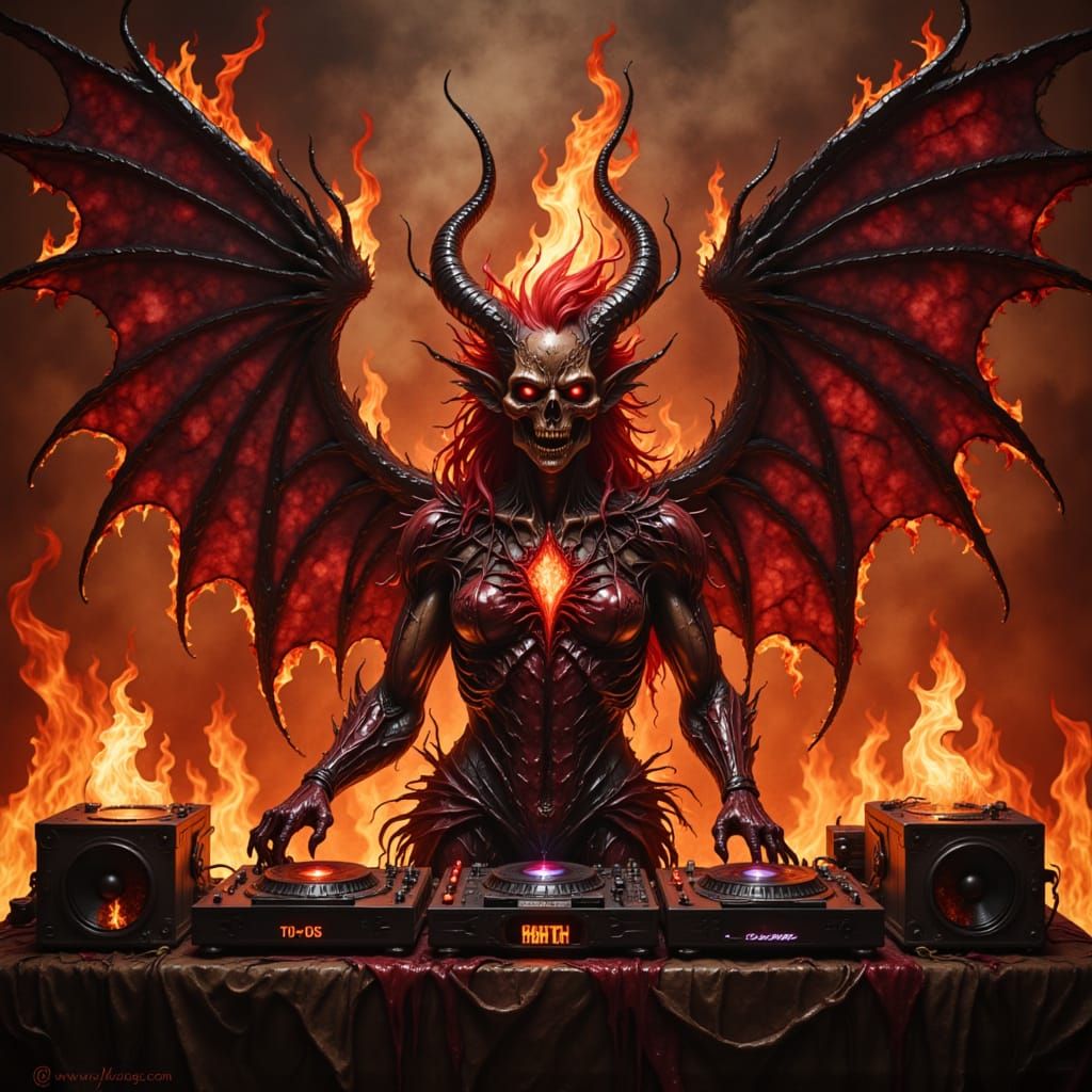 Satan in Hellish Rave Setting as Cyberpunk-Inspired DJ