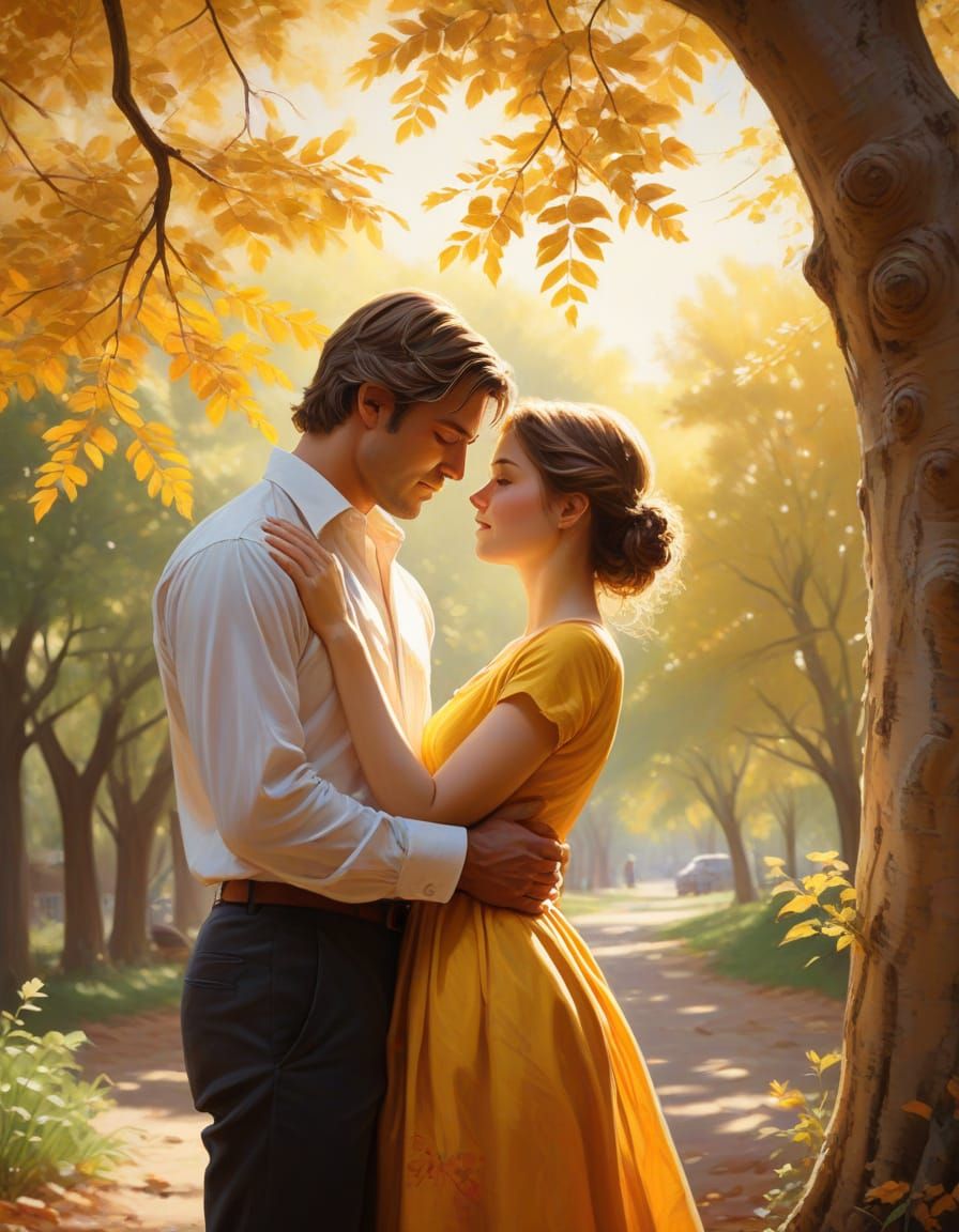 Couple Embracing Under a Majestic Tree in Warm Golden Light