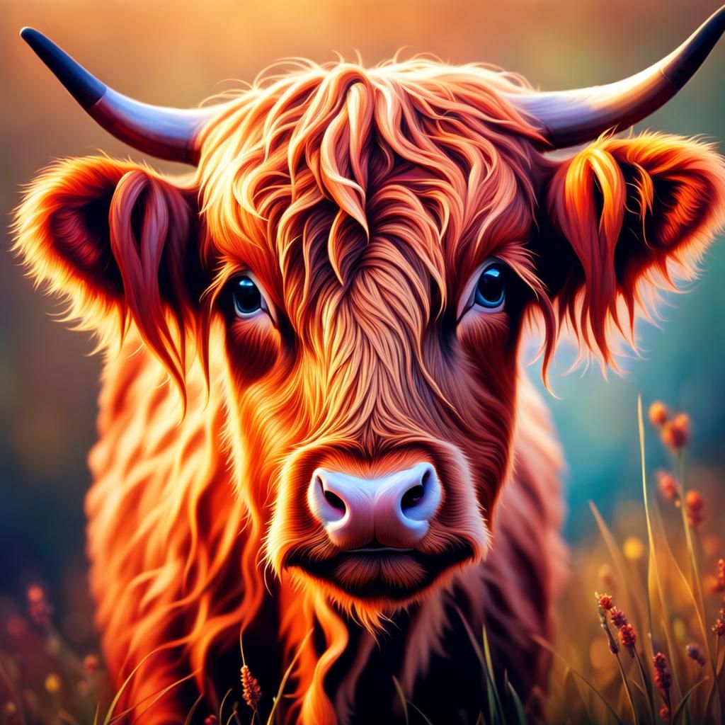 Hyperrealistic Baby Highland Cow Splash Art